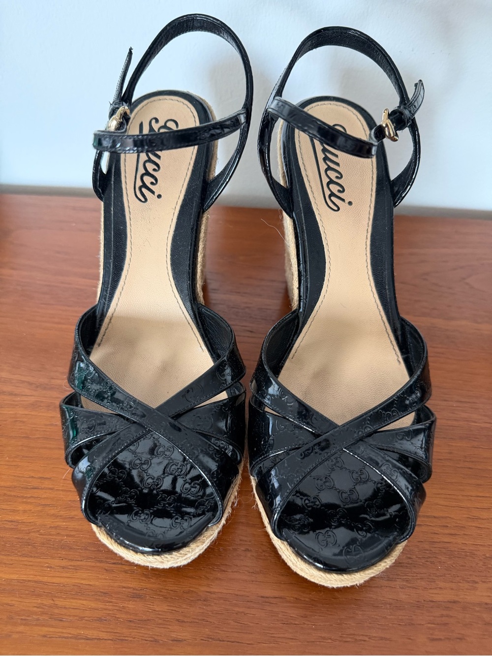 Gucci Black Patent Leather Espadrille Wedges with Ankle Strap